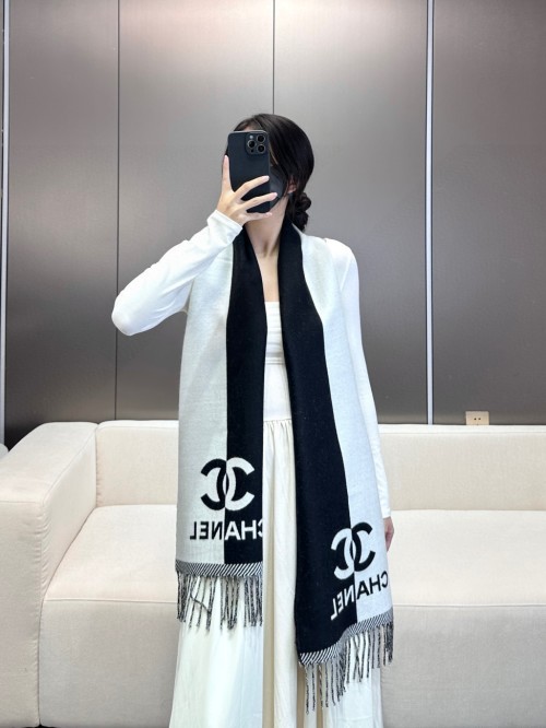 CHANEL Bi-Color Jacquard Scarf - Merino Wool, 184x34cm, Luxurious and Stylish 1 CHANEL Bi-Color Jacquard Scarf - Merino Wool, 184x34cm, Luxurious and Stylish