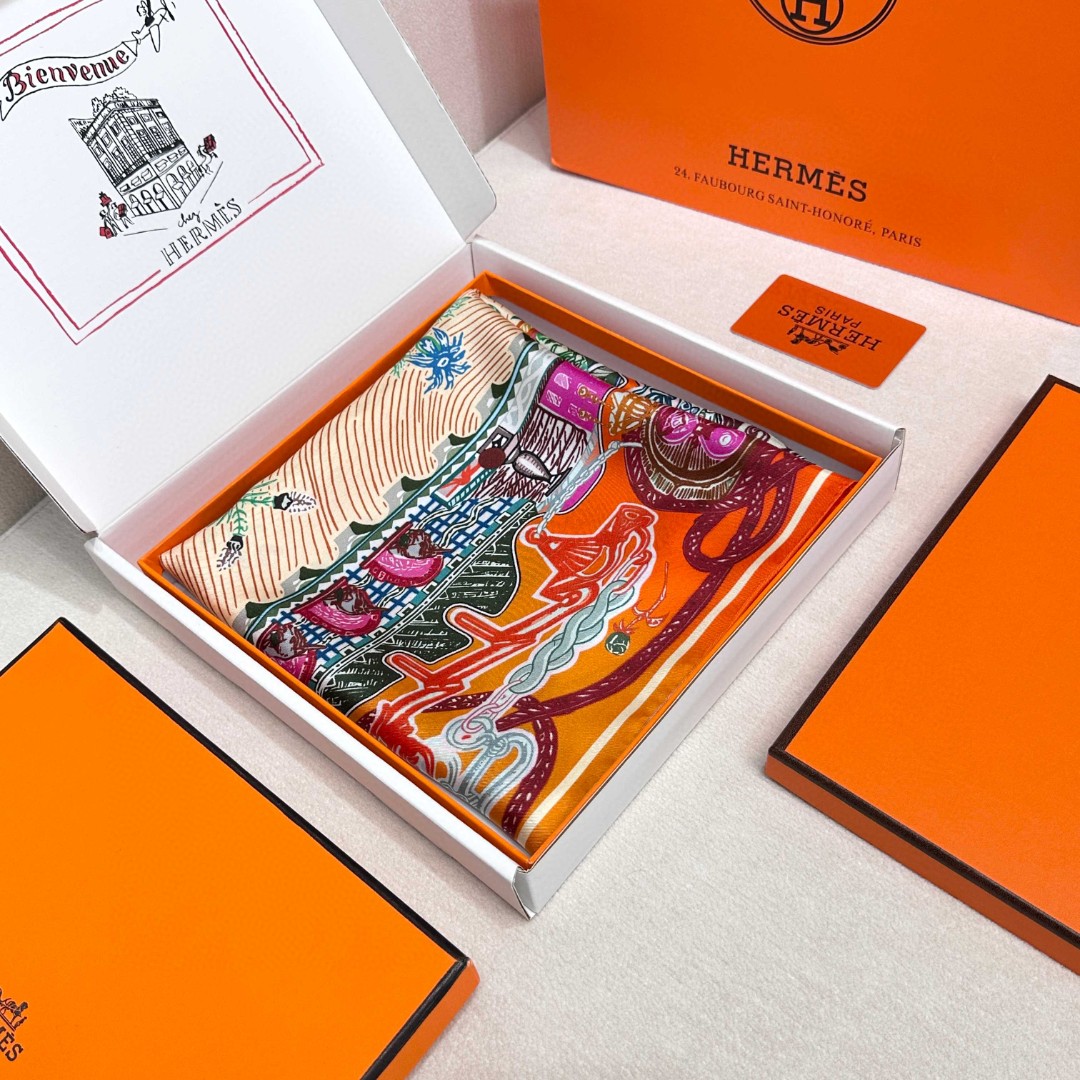 。丝巾大探险”90厘米方巾-Hermes～
手工卷边斜纹真丝方巾（100%桑蚕丝）。
这款爱马仕点睛配饰