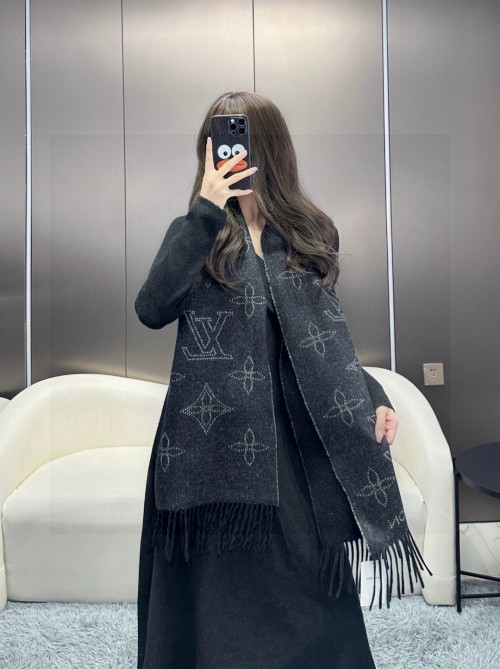 Louis Vuitton Mahina Flight Mode Double-Sided Dark Gray Wool-Cashmere Blend Scarf 1 Louis Vuitton Mahina Flight Mode Double-Sided Dark Gray Wool-Cashmere Blend Scarf