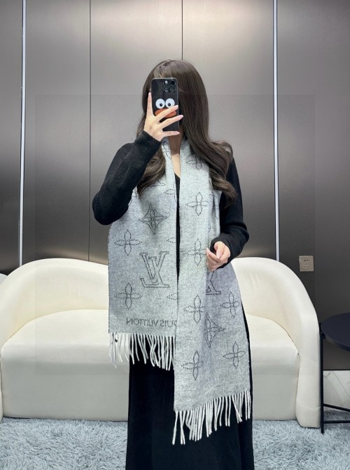 Louis Vuitton Flight Mode Monogram Shawl Gray Cashmere Wool Silk Blend 1 Louis Vuitton Flight Mode Monogram Shawl Gray Cashmere Wool Silk Blend