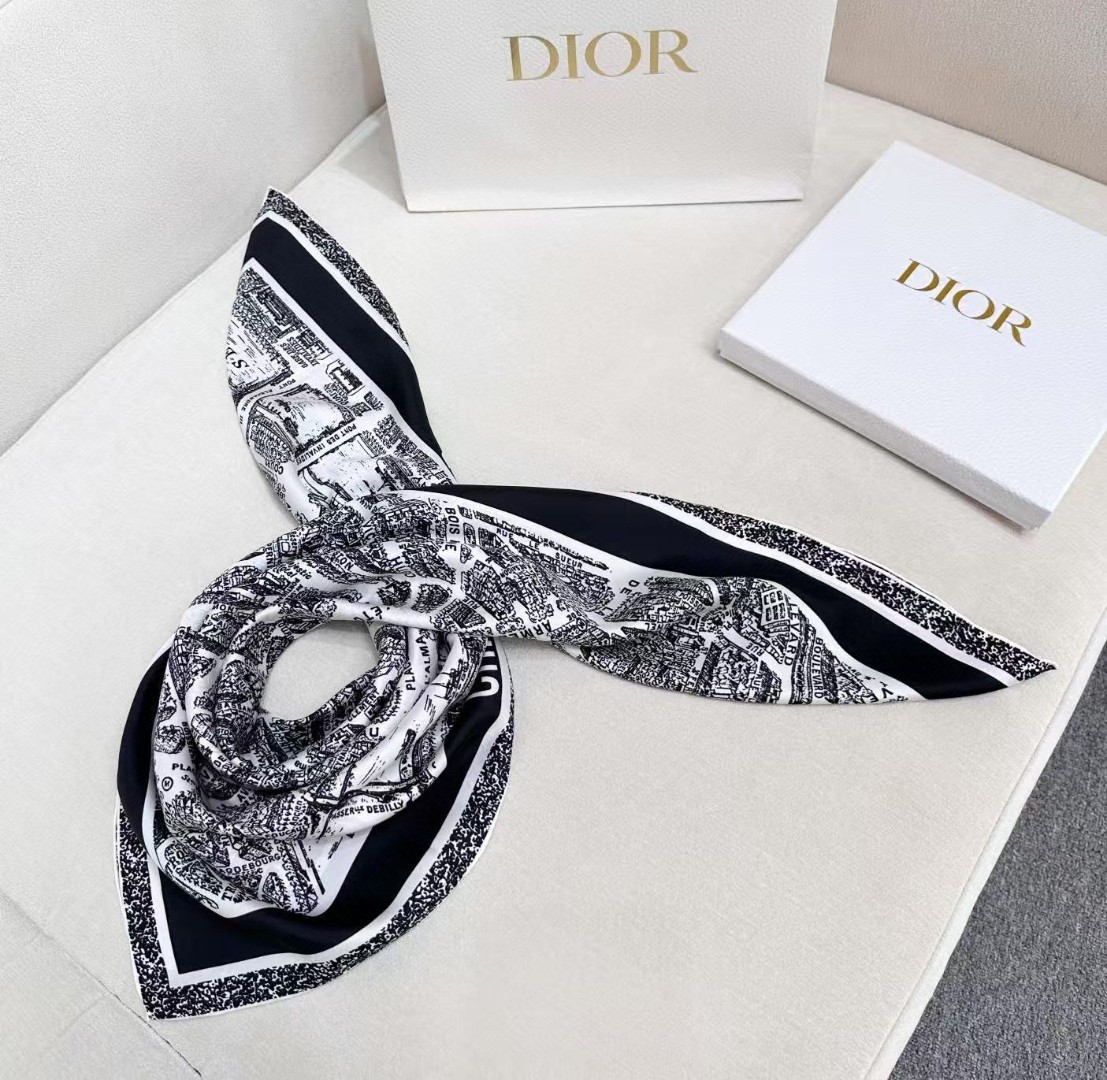 DIOR 印花方巾90 厘米白色和黑色桑蚕丝斜纹面料 Plan de Paris 图案印花这款方巾饰以经