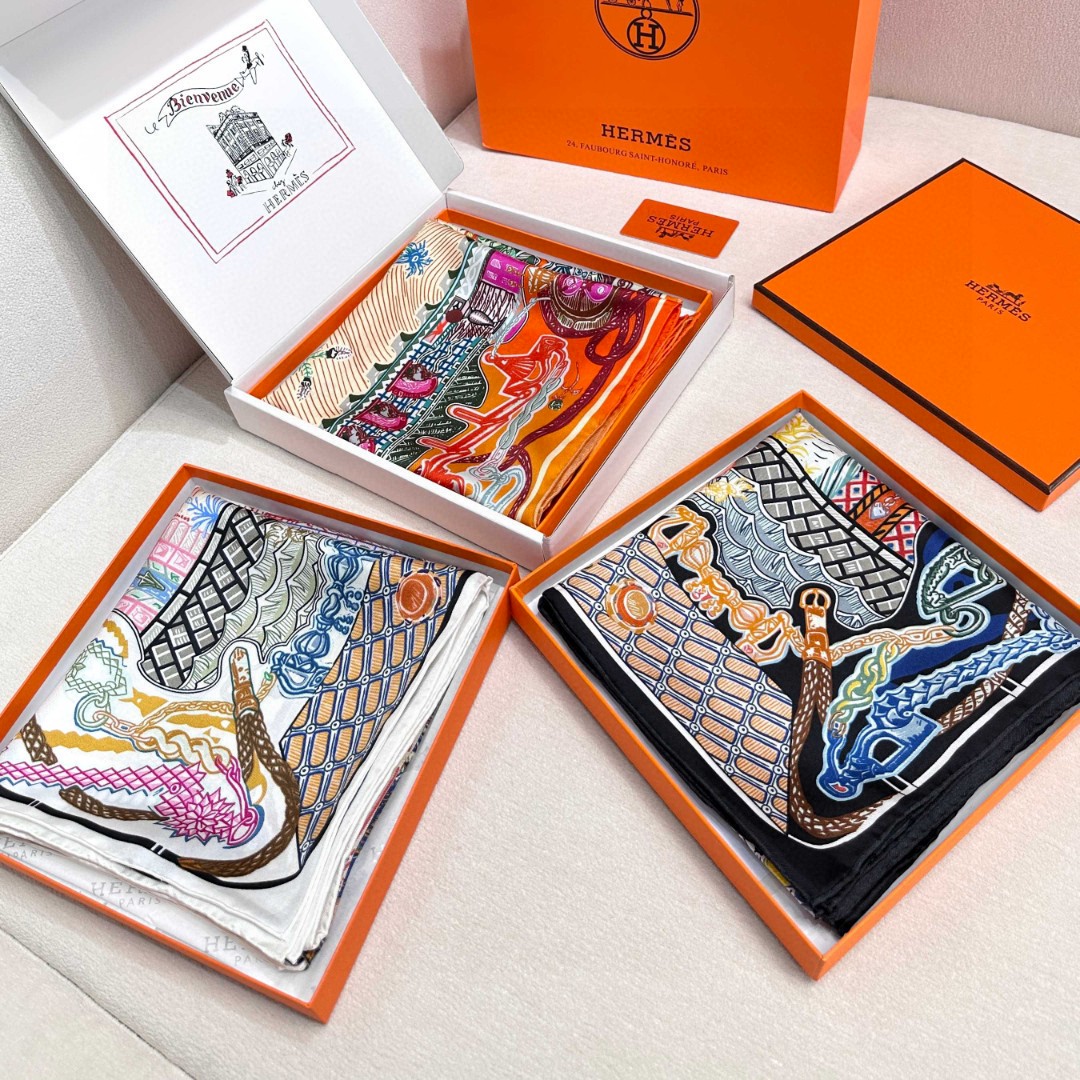 。丝巾大探险”90厘米方巾-Hermes～
手工卷边斜纹真丝方巾（100%桑蚕丝）。
这款爱马仕点睛配饰