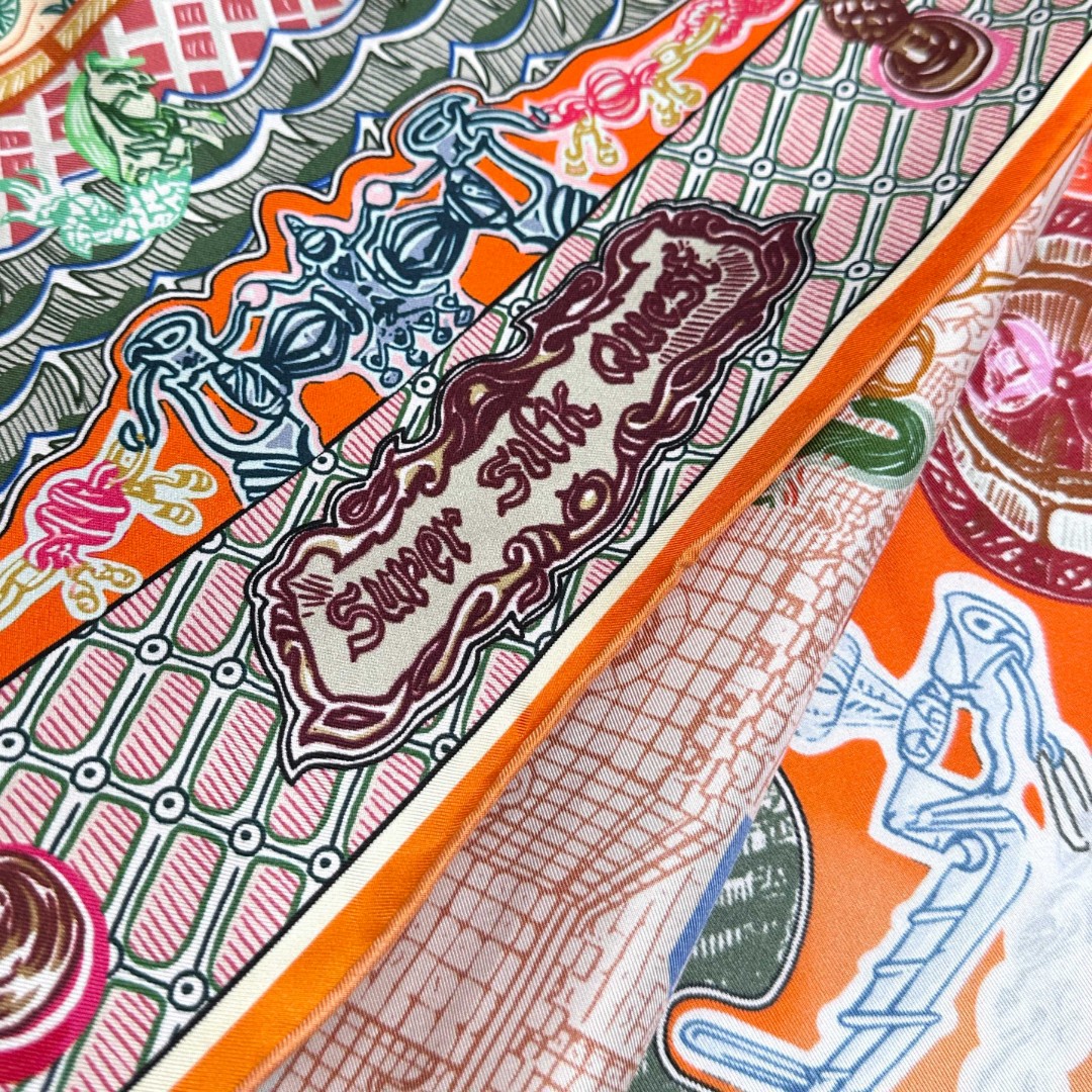 。丝巾大探险”90厘米方巾-Hermes～
手工卷边斜纹真丝方巾（100%桑蚕丝）。
这款爱马仕点睛配饰