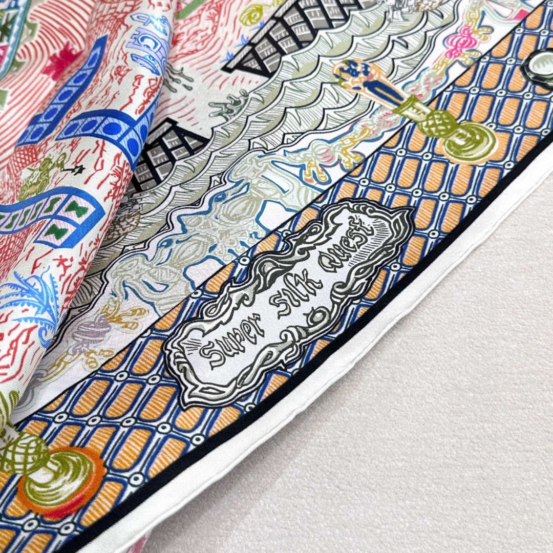 。丝巾大探险”90厘米方巾-Hermes～
手工卷边斜纹真丝方巾（100%桑蚕丝）。
这款爱马仕点睛配饰