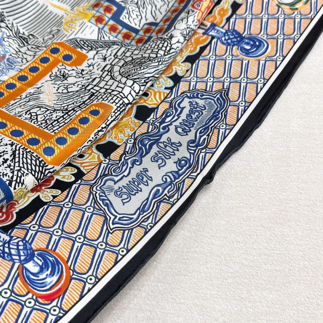 。丝巾大探险”90厘米方巾-Hermes～
手工卷边斜纹真丝方巾（100%桑蚕丝）。
这款爱马仕点睛配饰