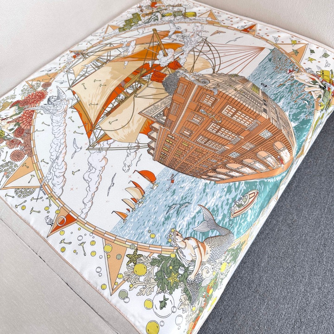 。“爱马仕旗舰”90方巾手工卷边斜纹真丝方巾（100%桑蚕丝）。这款爱马仕的经典单品展现强大而迷人的女性