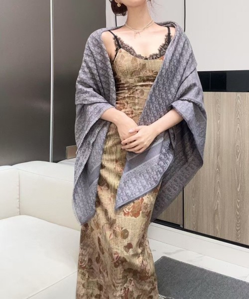 Dior Inspired Gray Wool Blend Square Scarf with Iconic Oblique Pattern - 140x140cm 1 Dior Inspired Gray Wool Blend Square Scarf with Iconic Oblique Pattern - 140x140cm