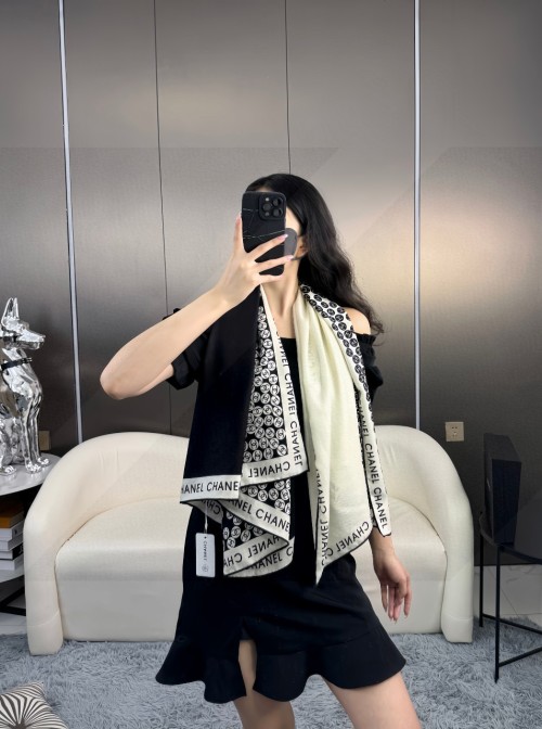 Chanel Bi-Color Logo Scarf - 140cm Square, Wool & Cashmere Blend 1 Chanel Bi-Color Logo Scarf - 140cm Square, Wool & Cashmere Blend