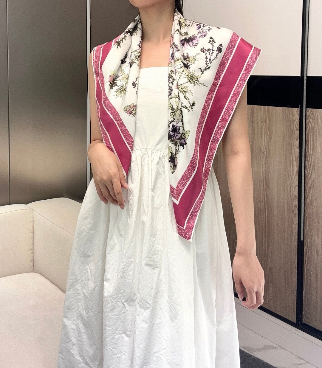 Diorr Chardons Print Silk Square Scarf - White & Berry, 100% Silk, Hand-Rolled Edges