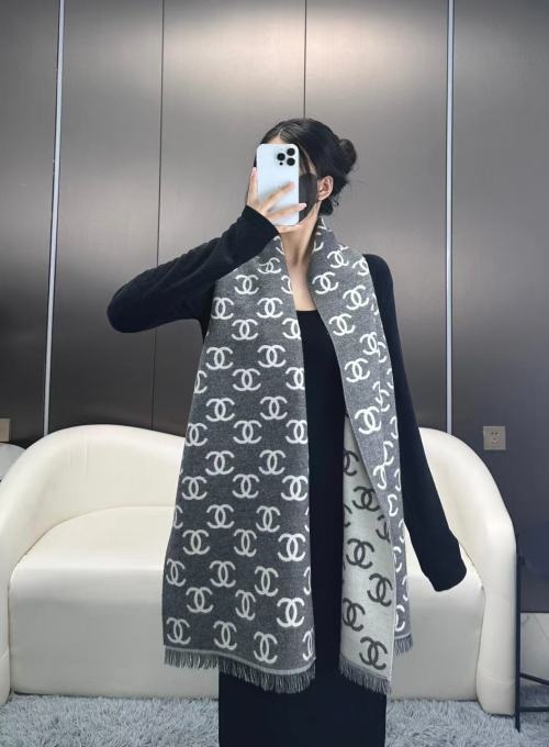 Elegant Chanel Inspired Double-Sided Scarf - Wool & Cashmere Blend 1 Elegant Chanel Inspired Double-Sided Scarf - Wool & Cashmere Blend