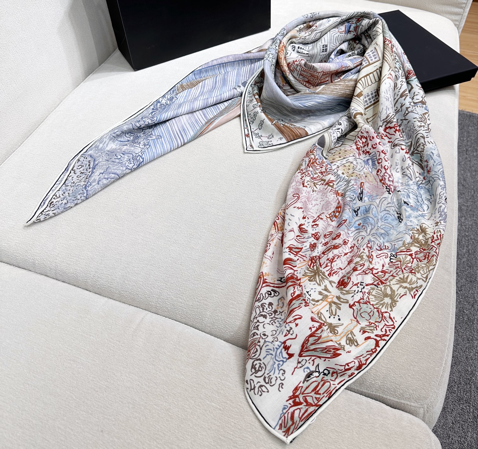 翱翔福宝之梦 尺寸.135×135cm材质.30真丝70羊绒梦幻奇境之中，福宝总店建筑伸出无数分枝，卷入