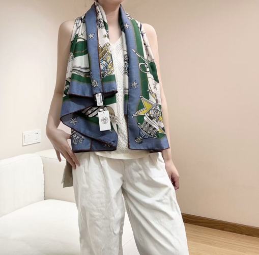 Hermès Stalles et Musique Silk and Cashmere Shawl 135 Blue/Green 11 Hermès Stalles et Musique Silk and Cashmere Shawl 135 Blue/Green