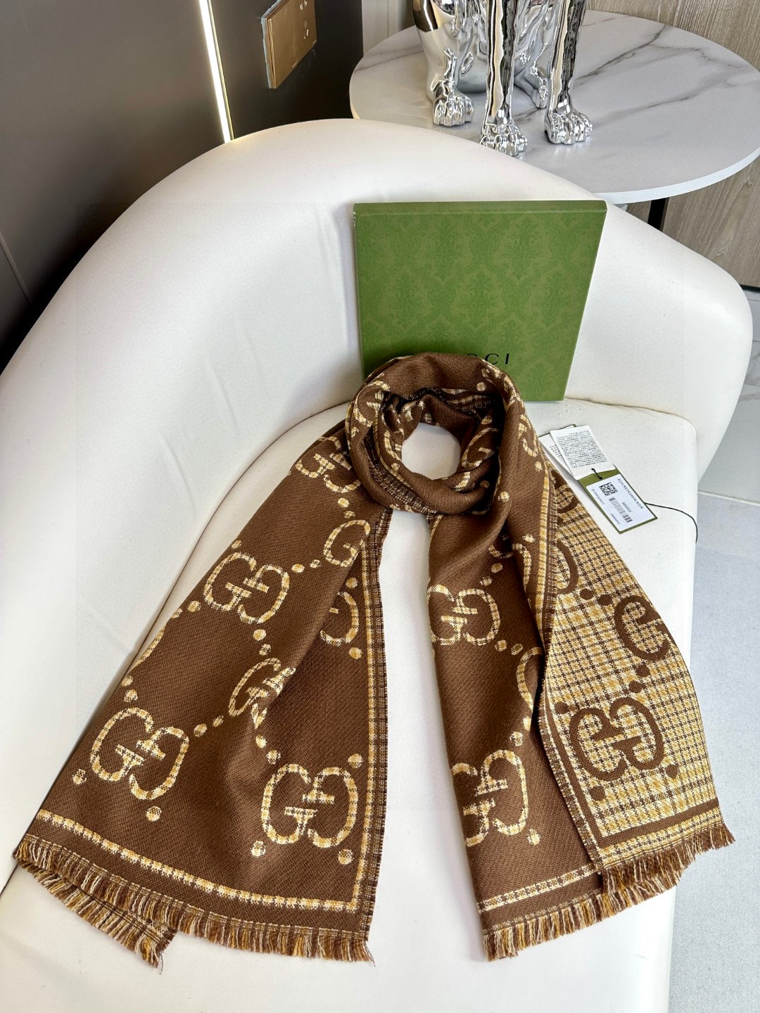 高版本！GG图案中的经典王‼️渠道原单正品♥️ 稀有的原标齐全！官网同款货号，配有流苏饰边的精致双面提花