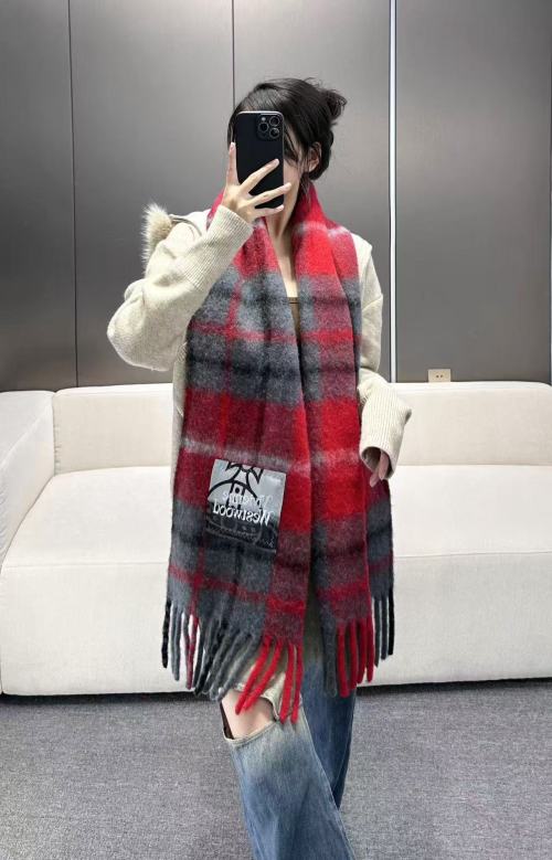 Vivienne Westwood Classic Saturn Mohair Scarf - Red & Gray Plaid 1 Vivienne Westwood Classic Saturn Mohair Scarf - Red & Gray Plaid
