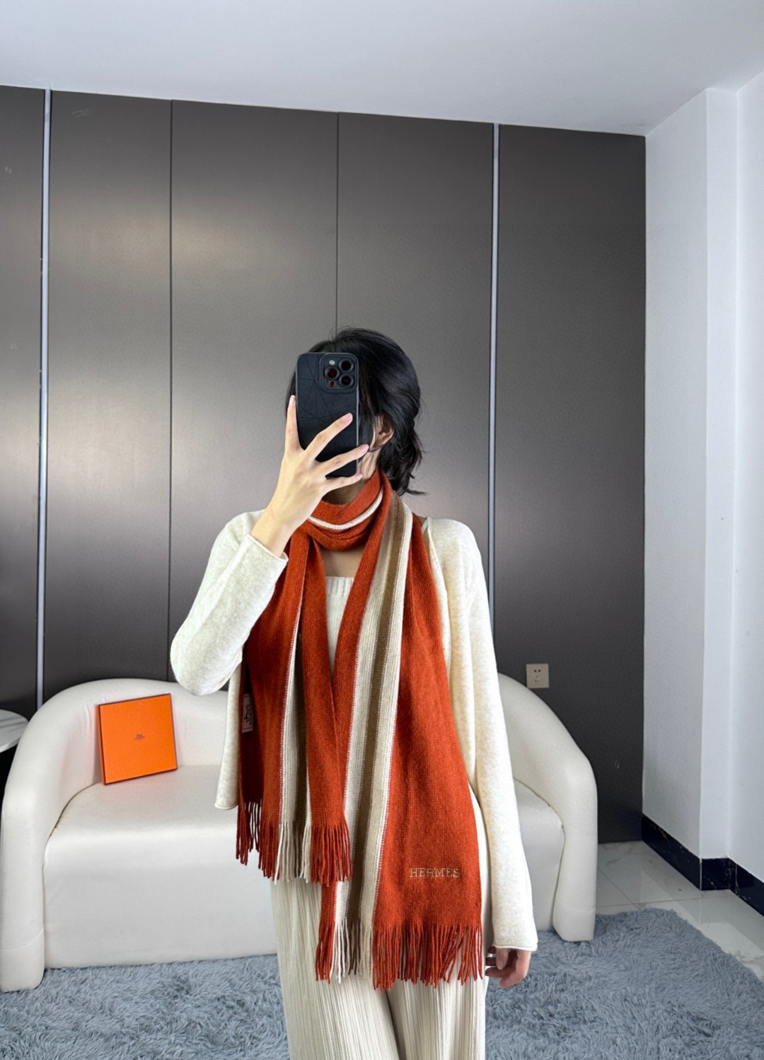 上新！2023年男女同款，百分百纯羊绒 Hermes（爱马仕）同步专柜，高端羊绒针织围巾！】可正式，可随