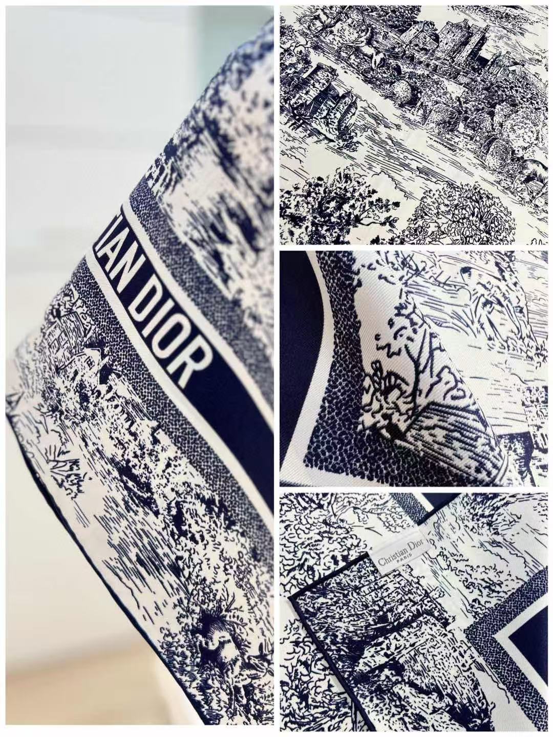 Dior 印花方巾-早春新品【18mm双面同色】90厘米白色和海军蓝色桑蚕丝斜纹面料苏格兰茹伊印花这款方