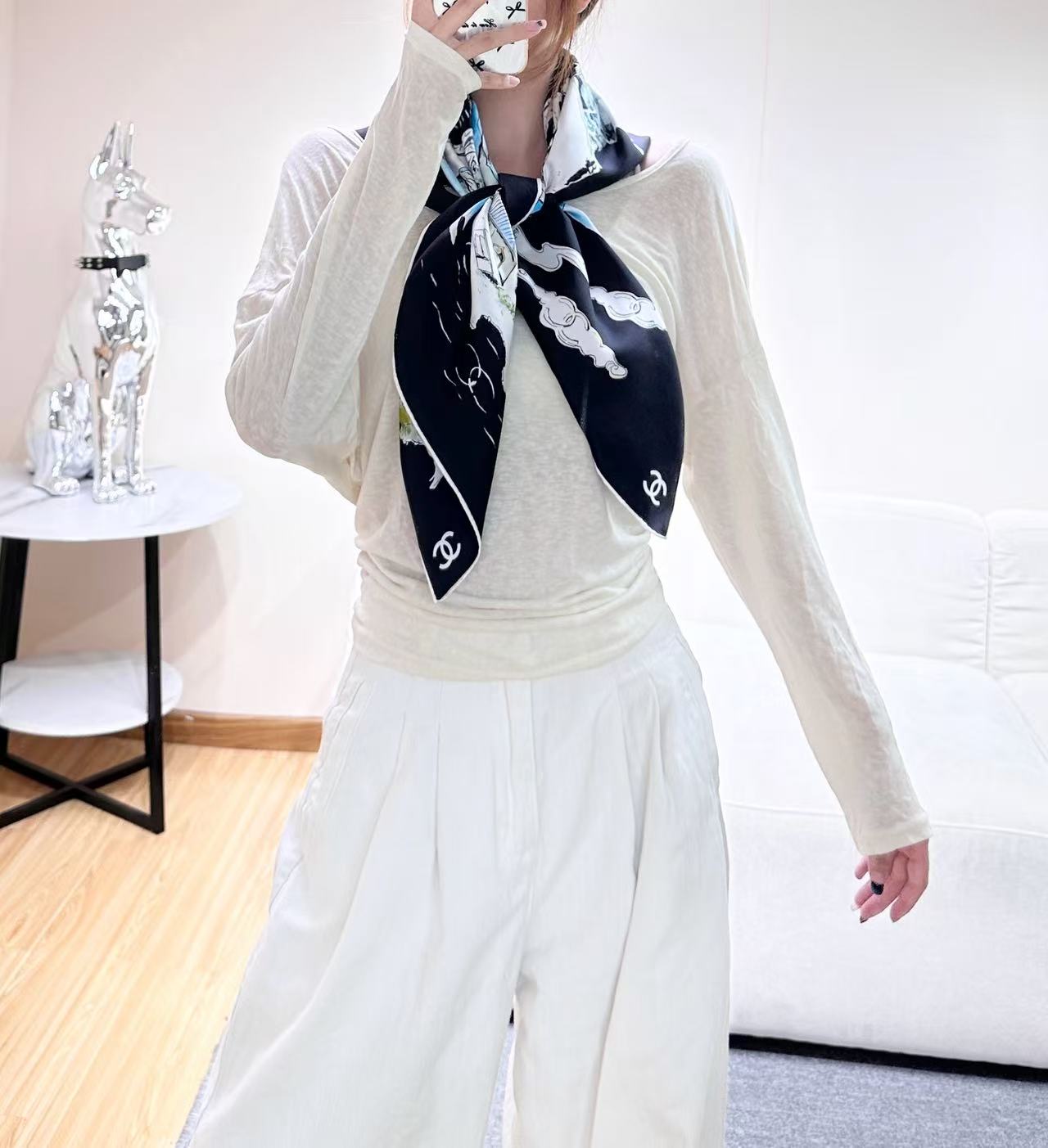 Chanel 高级手工坊系列90方形围巾 【18mm顶级真丝双面同色】真丝斜纹布黑、多色与白高级手工坊系