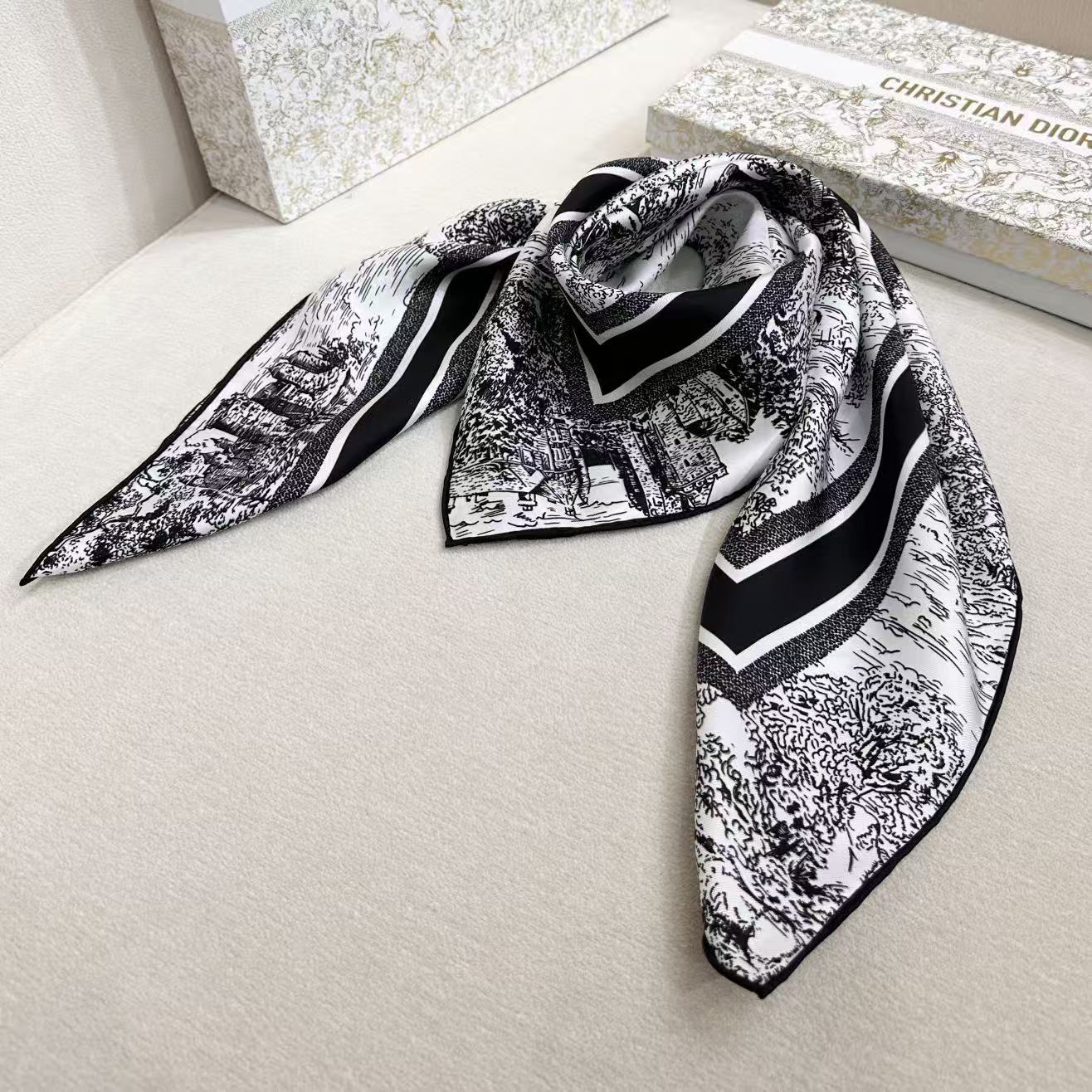 Dior 印花方巾-早春新品【18mm双面同色】90厘米白色和海军蓝色桑蚕丝斜纹面料苏格兰茹伊印花这款方