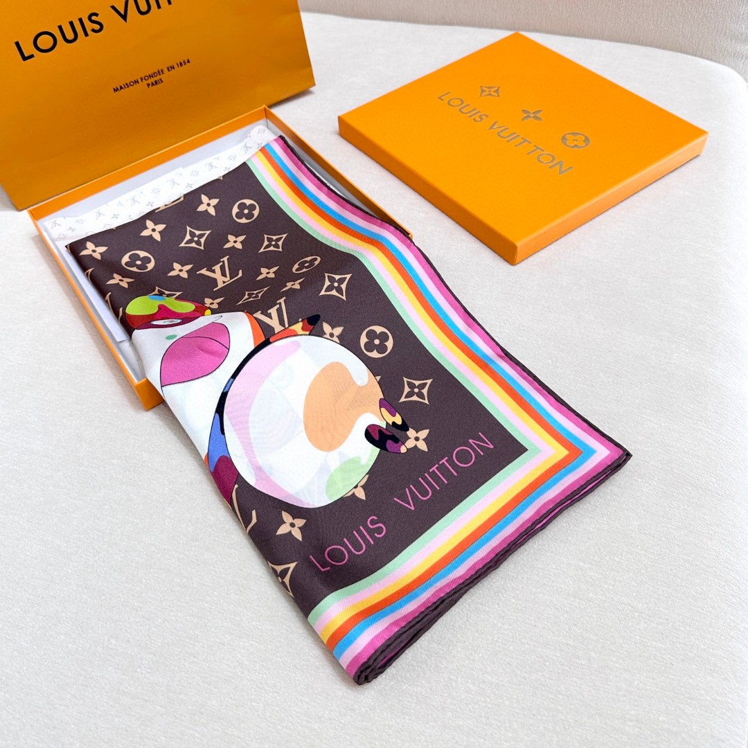 LV x TM SUPERFLAT 90 方巾 【18mm顶级真丝双面同色丝巾】 桑蚕丝方巾出自路易威登 x 村上隆合作
