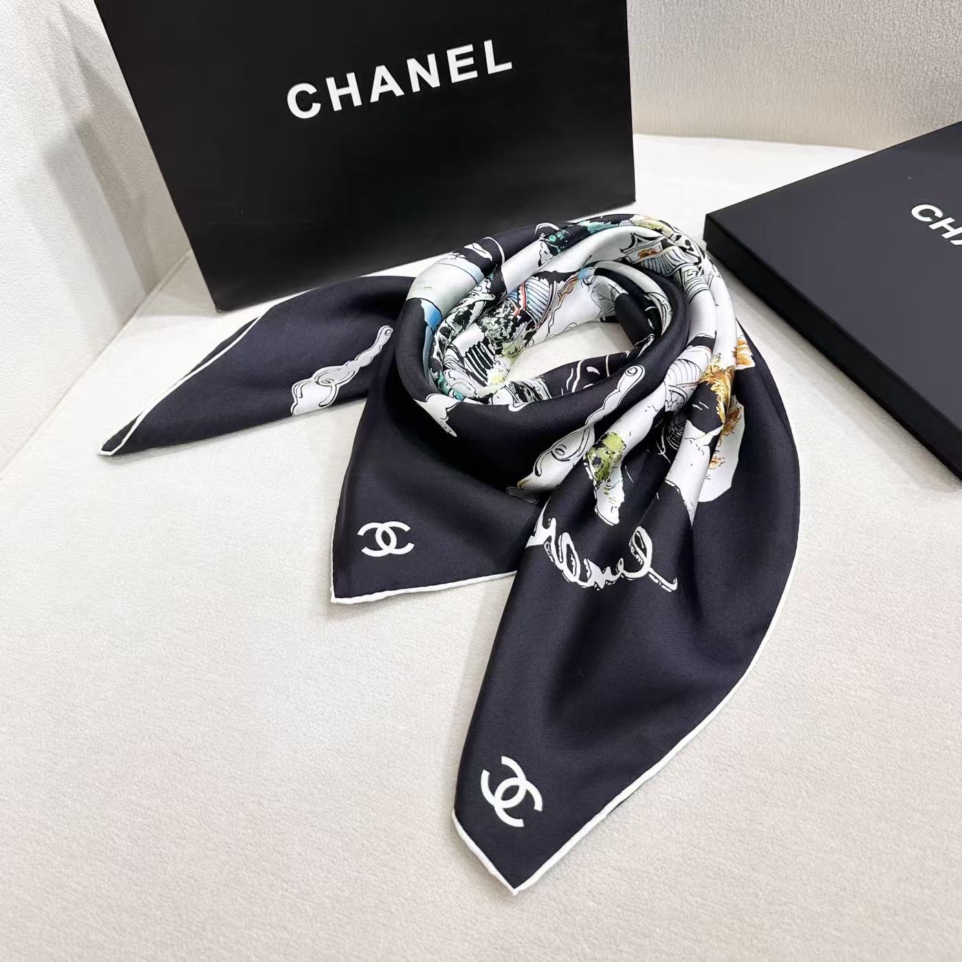 Chanel 高级手工坊系列 90方形围巾 【18mm顶级真丝双面同色】 真丝斜纹布黑、多色与白 高级手工坊系列作品梦幻