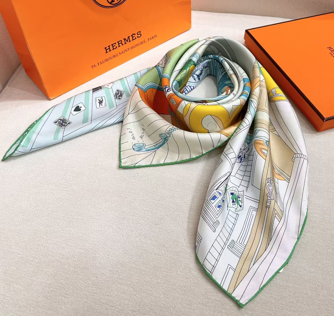 24号之谜”90方巾-Hermes  18mm顶级真丝双面同色印花