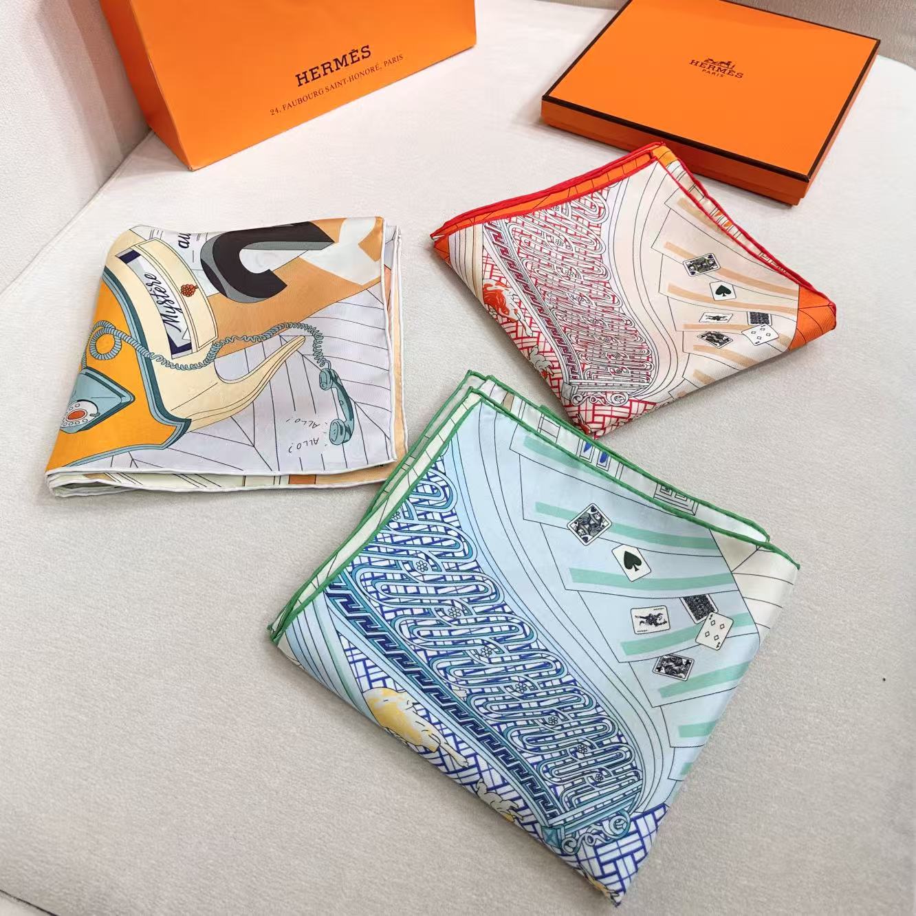 24号之谜”90方巾-Hermes  18mm顶级真丝双面同色印花