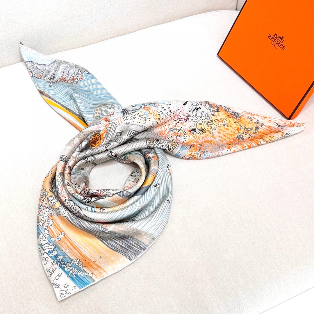 🆕   “翱翔福宝之梦”90方巾～18mm顶级真丝双面印花 手工卷边斜纹真丝方巾（100%桑蚕丝）。 这款爱马仕的经典单