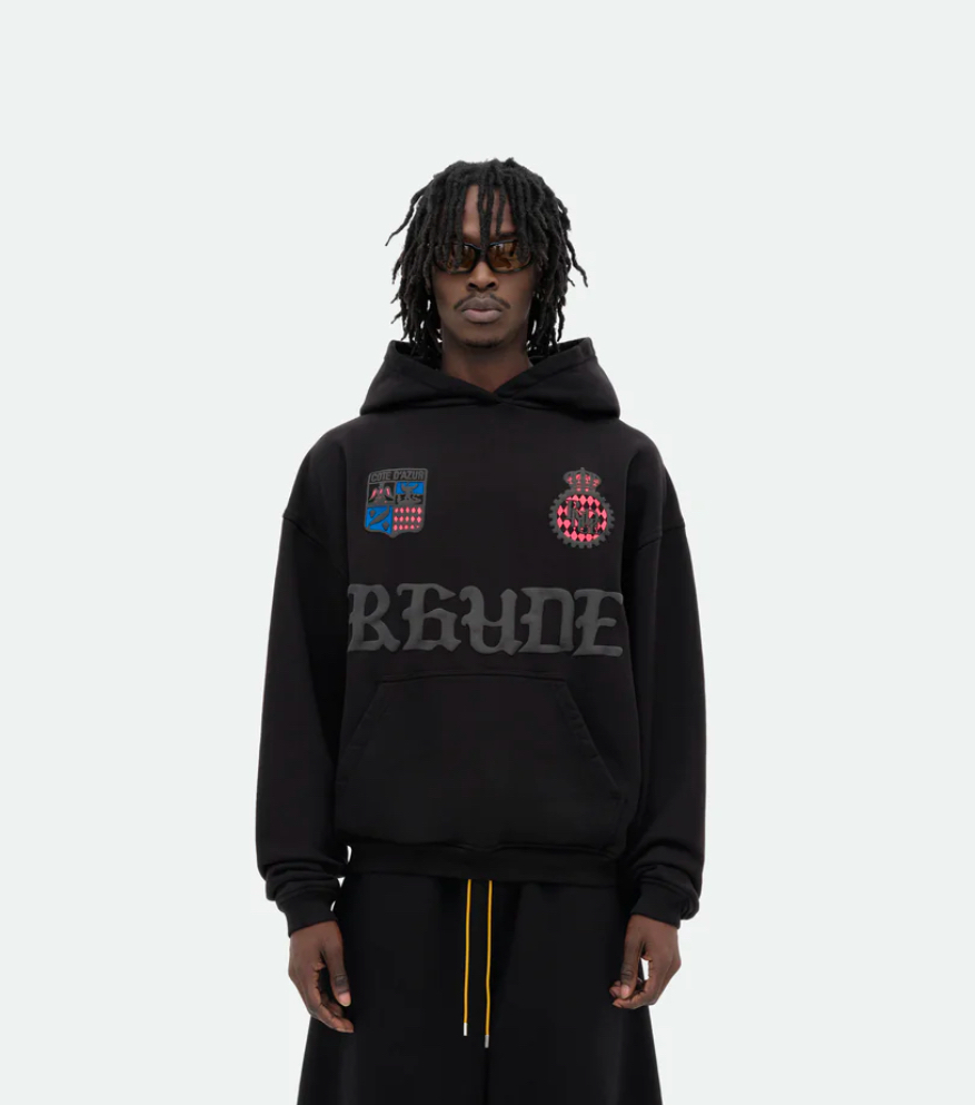 Rhude Men's Black Cotton Fleece Pullover Hoodie with Graphic Prints