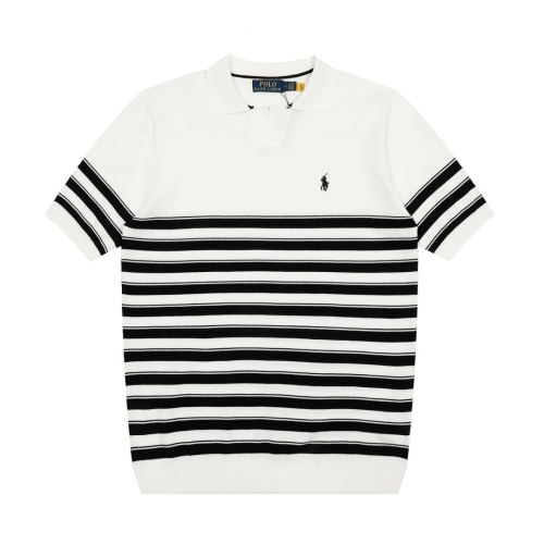 Ralph Lauren Striped V-Neck Knit Polo Shirt | Short Sleeve, Embroidered Logo 1 Ralph Lauren Striped V-Neck Knit Polo Shirt | Short Sleeve, Embroidered Logo