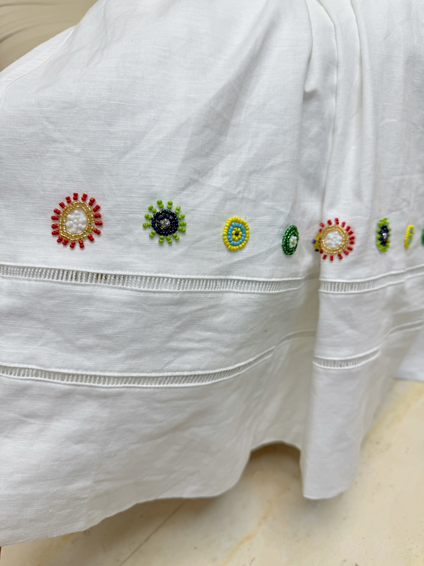 Elegant White Linen Beaded Lace Dress - Drawstring Waist, Round Neck, Sweet Style 8 i1750933392755 9875 0 7