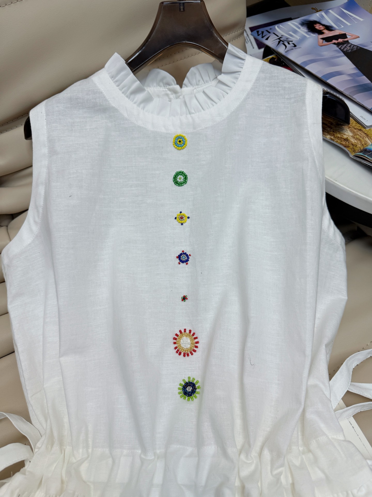 Elegant White Linen Beaded Lace Dress - Drawstring Waist, Round Neck, Sweet Style 3 i1750933392813 628 0 1