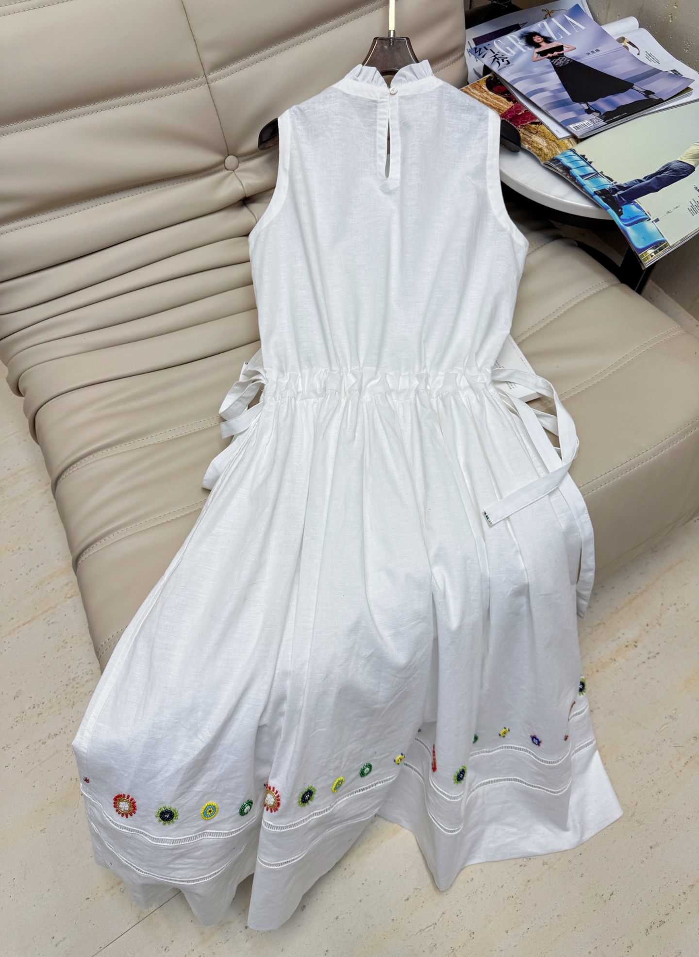 Elegant White Linen Beaded Lace Dress - Drawstring Waist, Round Neck, Sweet Style 7 i1750933392859 6224 0 5