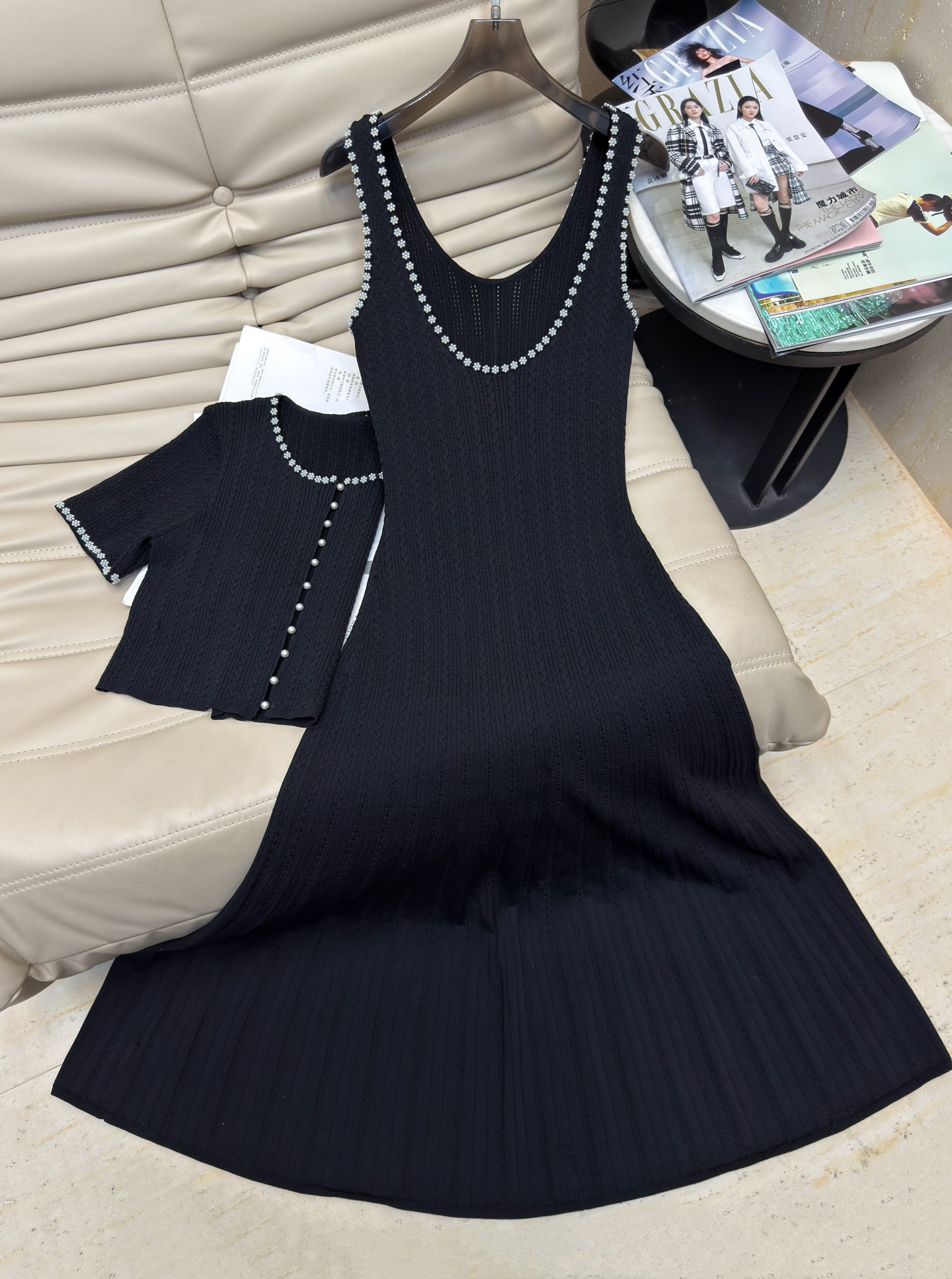 Elegant French Style Pearl Beaded Knit Top & Dress Set, Chic Two-Piece Outfit 6 i1753521591734 6903 0 4