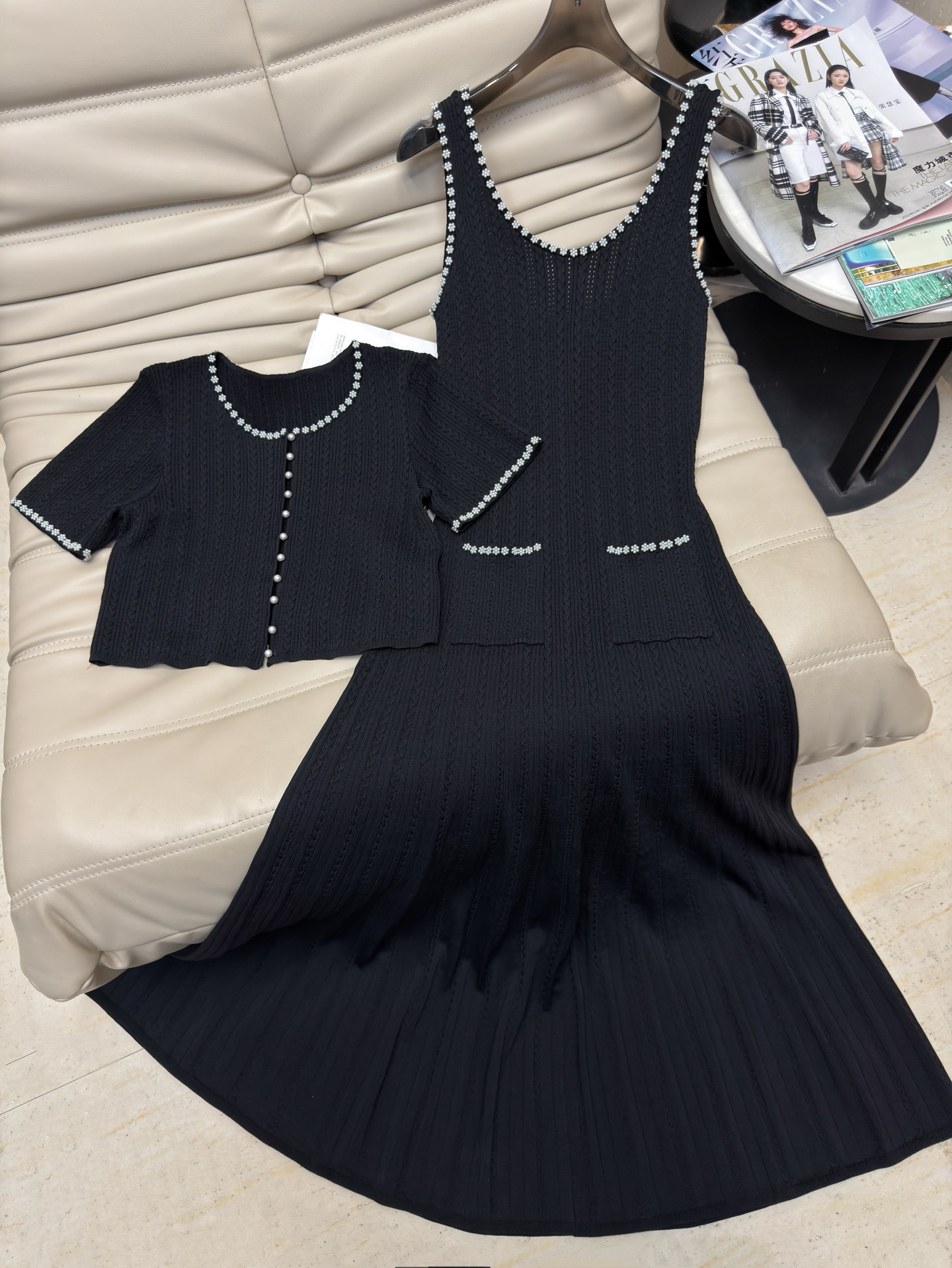 Elegant French Style Pearl Beaded Knit Top & Dress Set, Chic Two-Piece Outfit 2 i1753521598990 9604 0 0