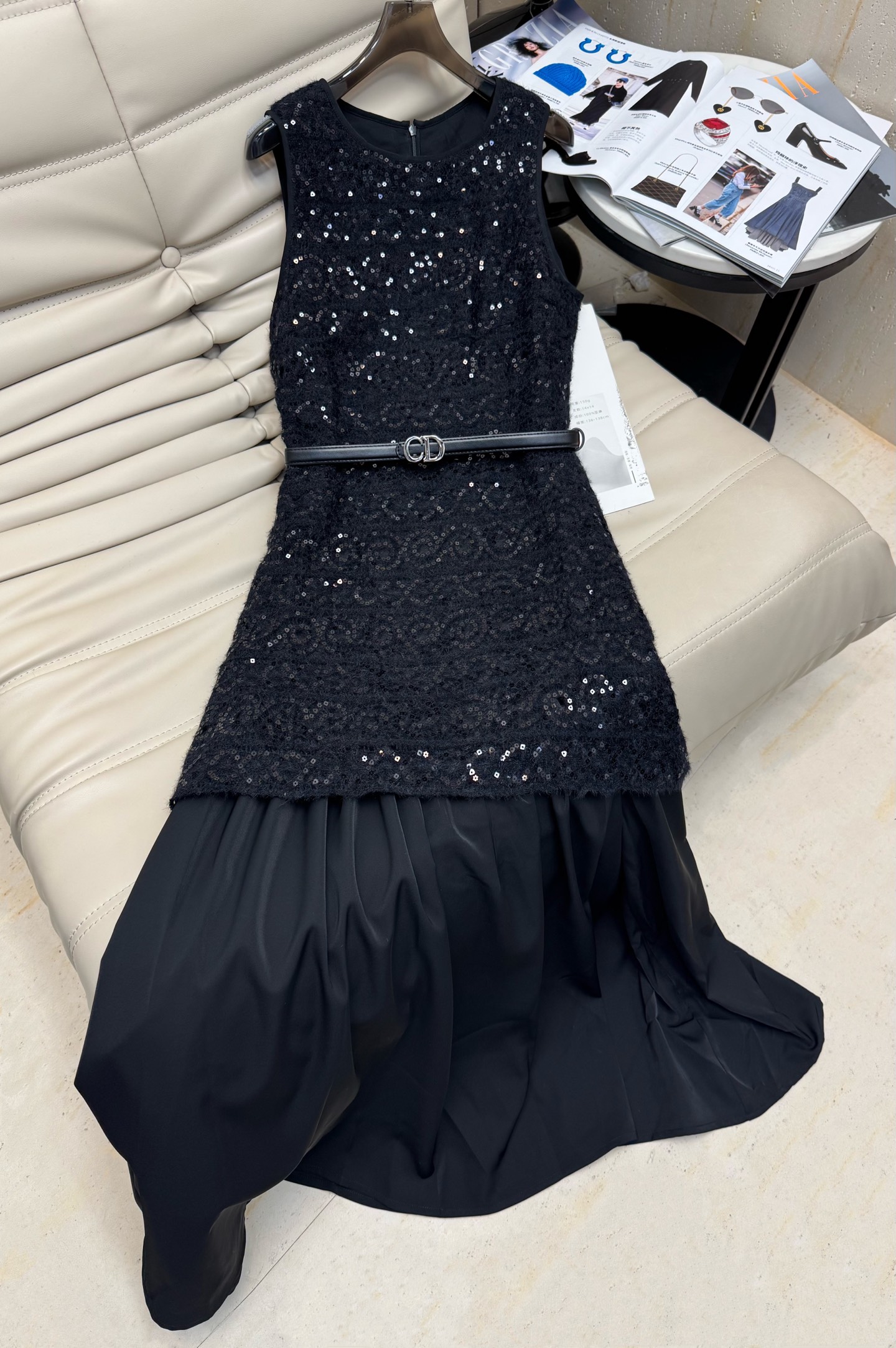 Elegant Sleeveless A-Line Dress with Sequin Embroidery and CD Belt 2 i1754391742377 7226 0 0