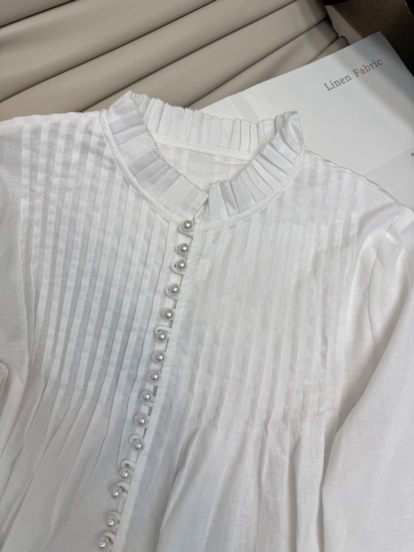 Elegant White Lace Stand Collar Top with Pearl Buttons & Pleated Details 5 i1754719774905 7586 0 3