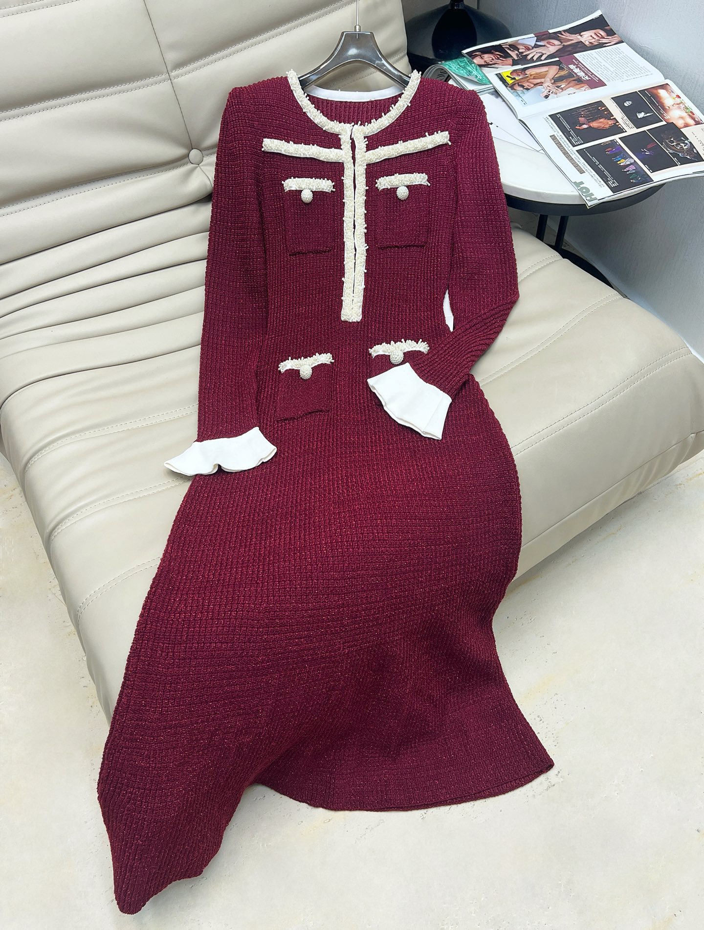 NO:503669,aThe latest SP knitted long round neck bottomed fishtail dress with handmade beads heavy industry style pearl French small fragrance style high-end and atmospheric upper body elegant temperament burgundy SML, skirts, alexander wang19860909a早秋最新款SP针织长款圆领打底鱼尾连衣裙 手工钉珠重工款 气质珍珠法式小香风 高端大气 上身优雅气质 酒红色 SML,,skirts,alexander wang,Women's clothing