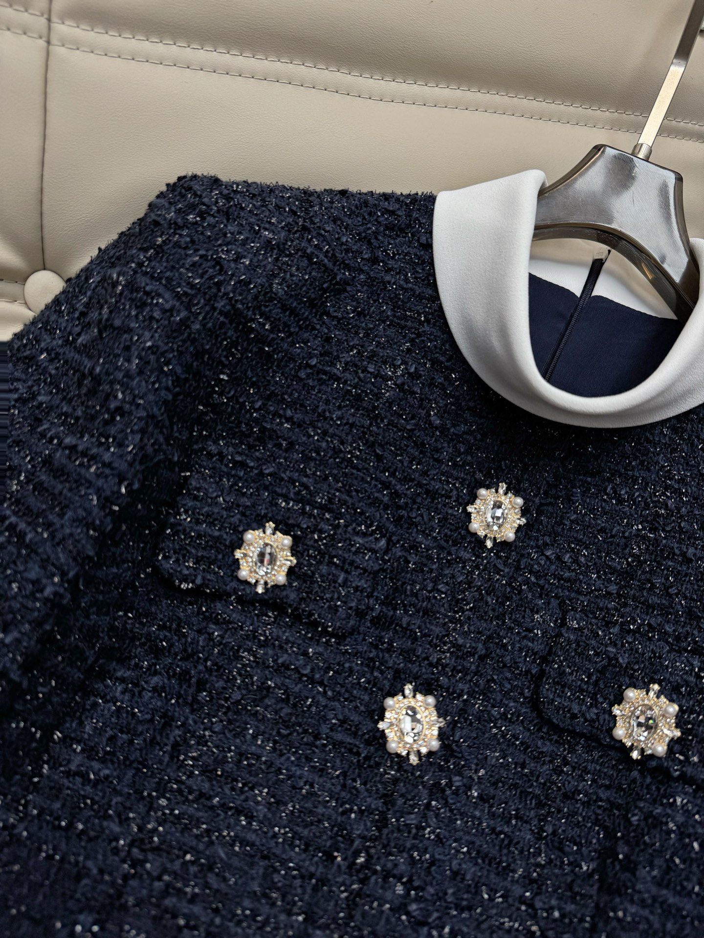Elegant Tweed Dress: French Hepburn Style, Sequins, and Diamond Buckle Detail 5 i1759918740584 7461 0 3