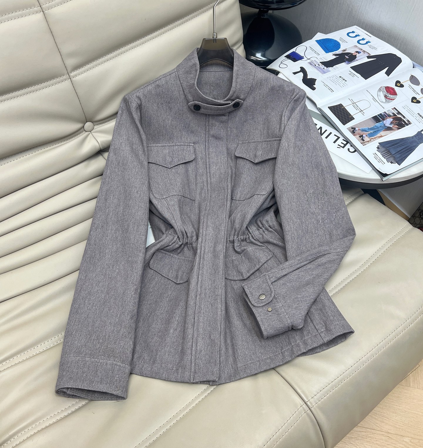 Women’s Stand Collar Denim Jacket – Stylish Cropped Jean Coat with Drawstring