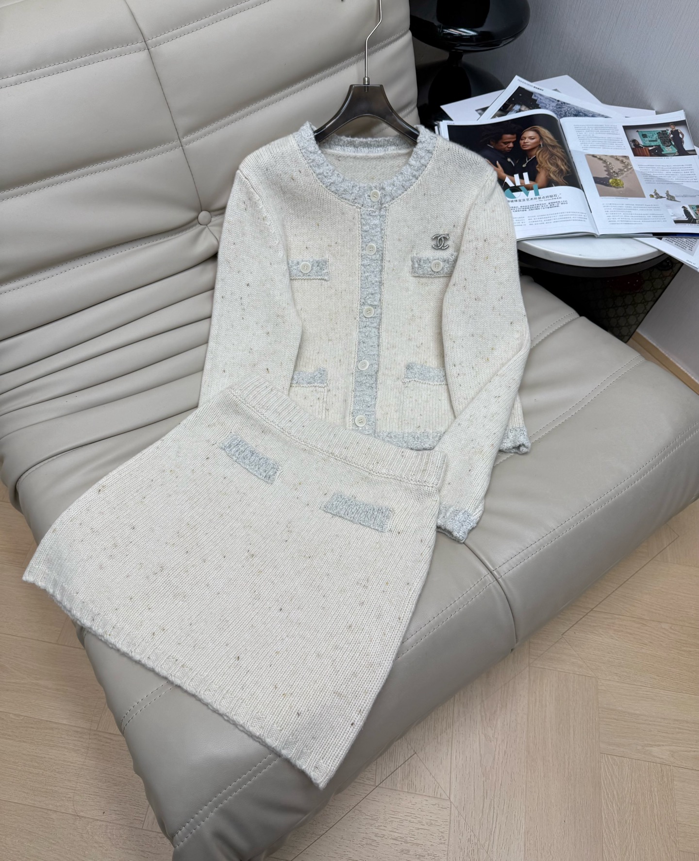 Elegant Wool Blend Two-Piece Set: Chic Top and High-Waisted Skirt