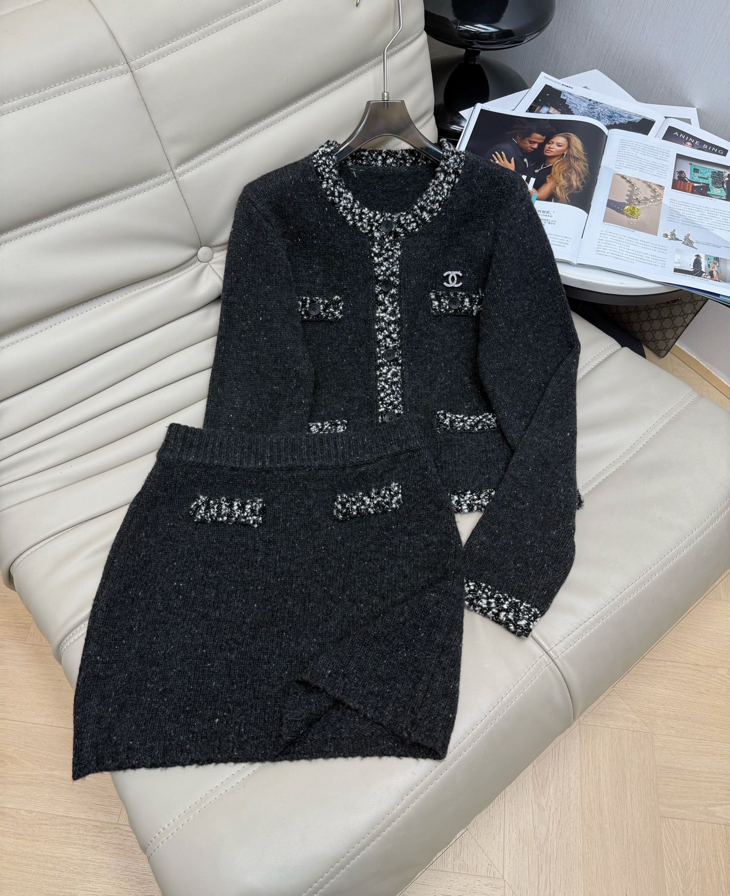 Elegant Wool Blend Two-Piece Set: Chic Top & High-Waisted Skirt