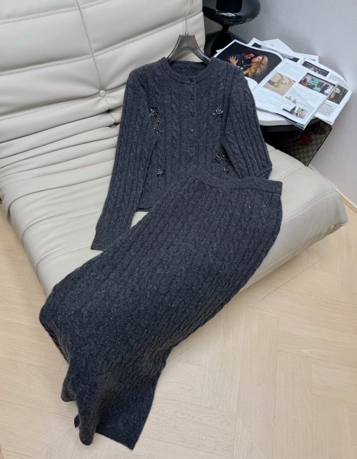 Elegant Wool Blend Cardigan & A-Line Skirt Set with Beaded Embellishments