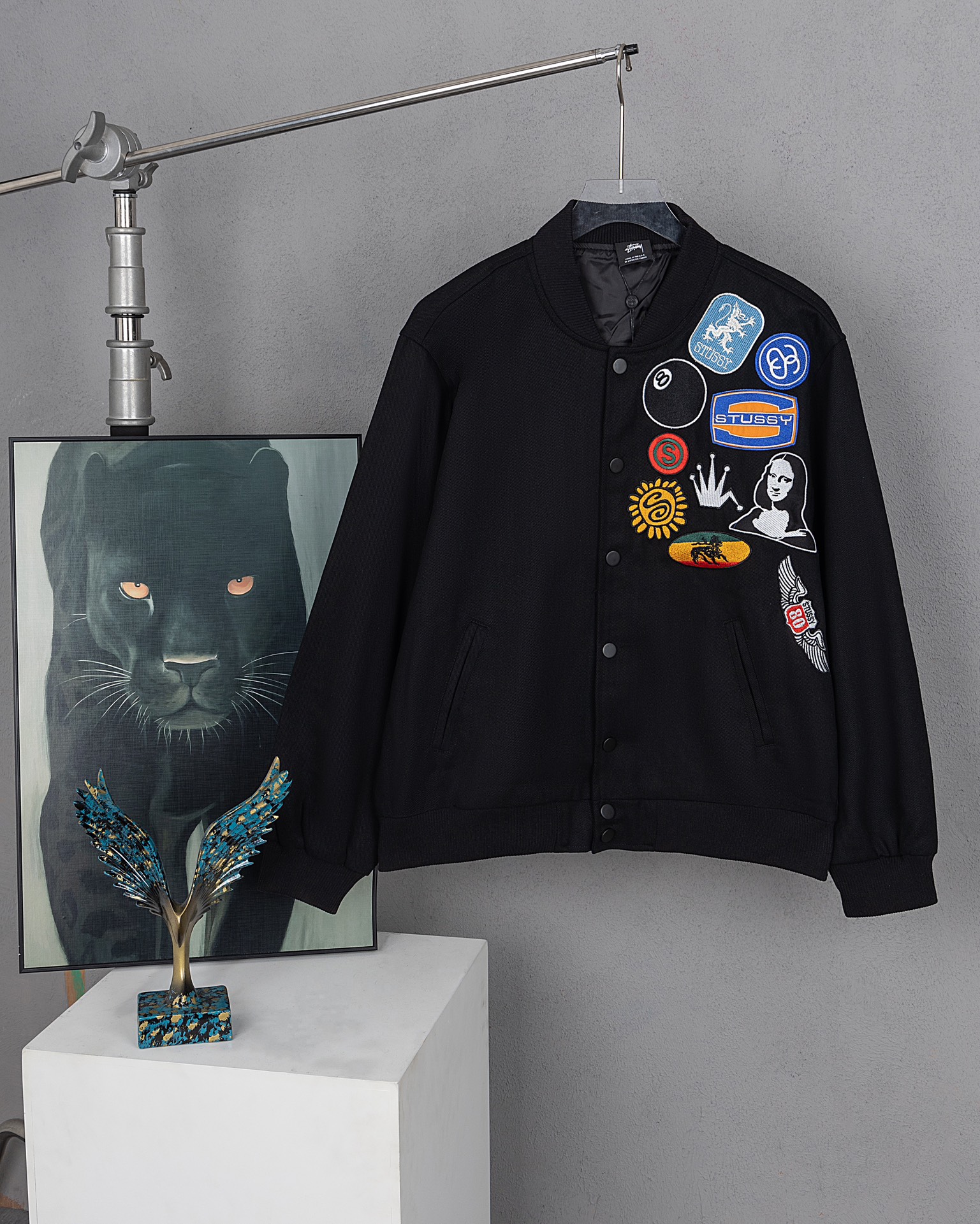 Chaqueta bordada con medallones de Stussy, mismo modelo que en la tienda oficial, tejido de alta calidad de 780g con pa…