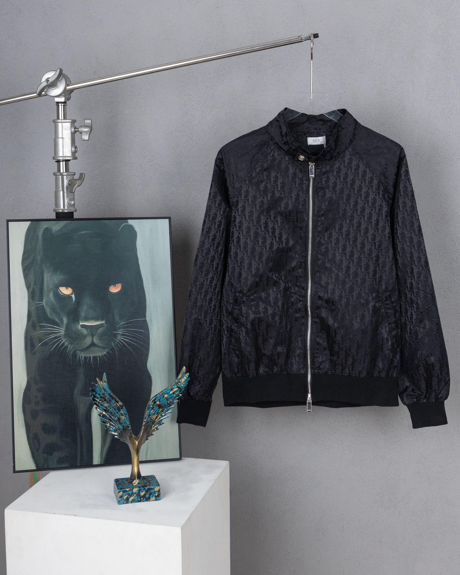 Chaqueta Dior con cuello alto y estampado oscuro con estampado completo, el mismo estilo en los mostradores DIOR. Está …
