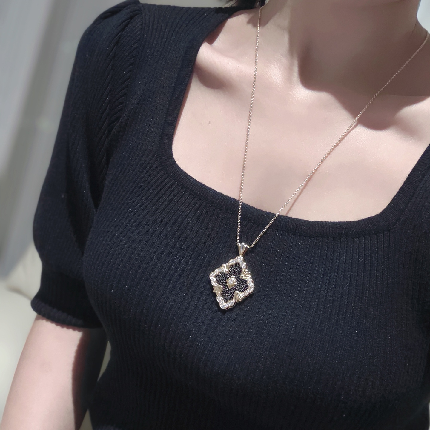  👼【925068】布契拉提 Buccellati 意大利高级珠宝品牌 复古宫廷风带钻拉丝四叶草双面项链