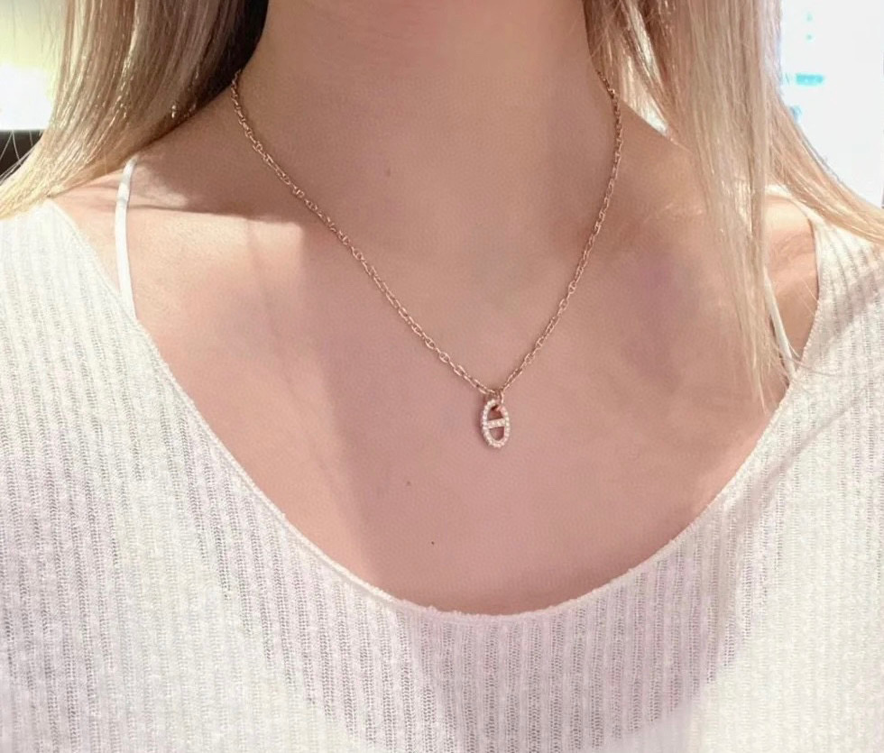  👼【925048】Hermes 爱马仕OT扣满钻项链亚金材质 手工铲钉镶嵌5A锆钻！18k白金色！链长