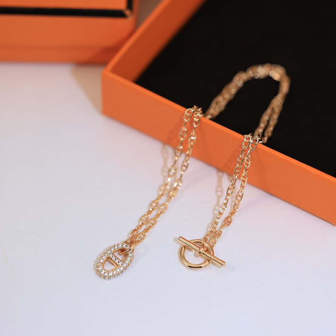  👼【925048】Hermes 爱马仕OT扣满钻项链亚金材质 手工铲钉镶嵌5A锆钻！18k白金色！链长