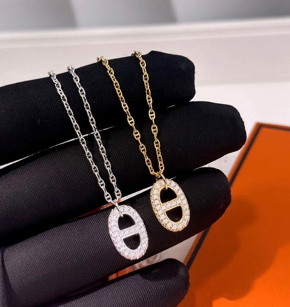  👼【925048】Hermes 爱马仕OT扣满钻项链亚金材质 手工铲钉镶嵌5A锆钻！18k白金色！链长