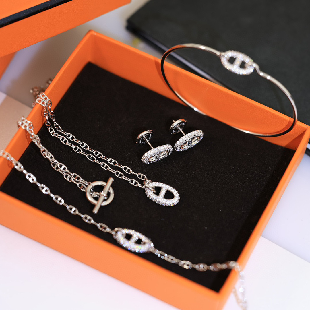  👼【925048】Hermes 爱马仕OT扣满钻项链亚金材质 手工铲钉镶嵌5A锆钻！18k白金色！链长