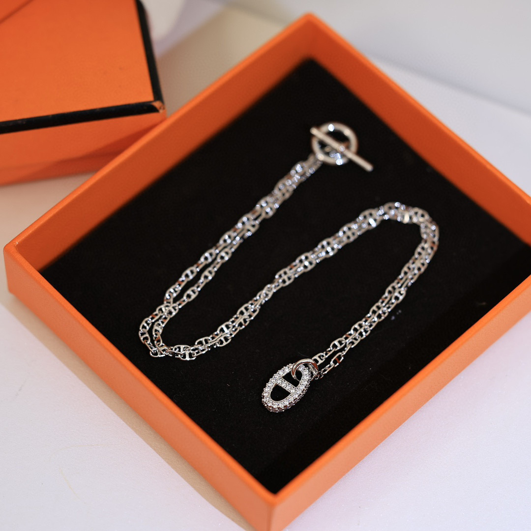  👼【925048】Hermes 爱马仕OT扣满钻项链亚金材质 手工铲钉镶嵌5A锆钻！18k白金色！链长